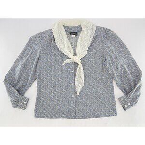 Vtg‎ Gianna Ivory Lace Tie Neck Microfloral Button Blouse Sz 12 Cottagecore 90’s
